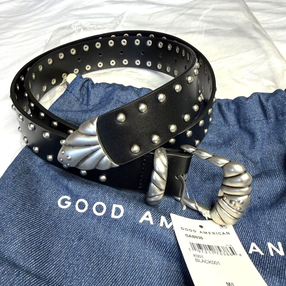 Good American Studded Western Belt Black Silver Vegan Leather NWT M/L